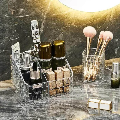 Braided Pencil Holder Makeup Brush Lipstick Storage Box Four Compartments Cosmetics Sorting Shelf Transparent