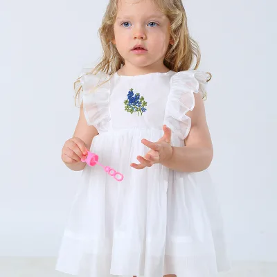 Wholesale White Organza Embroidered Doll Collar Sleeveless Elegant Wedding Party Kids Dress