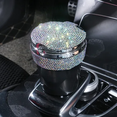 Diamond Inlaid Car Ashtray with Creative Lid, air Outlet Suspension, Car Interior with Lid LED Light, Car Ashtray