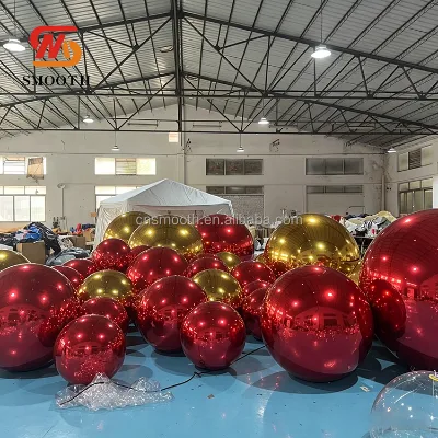 SMOOTH Outdoor Big Shiny Gold Red Inflatable Balls Giant PVC Reflective Balloon Disco Mirrors Ball for Wedding / Party Decor