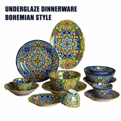 Bohemian Style Ceramic Tableware Bowl Plate Fruit Pattern Round Pigmented for Party Home Decor