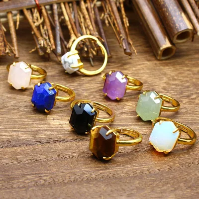 Hot Sale Fashion Obsidian Opal Amethyst Rings Creative Shiny Crystal Rings Trendy Geometric Natural Crystal Stone Rings