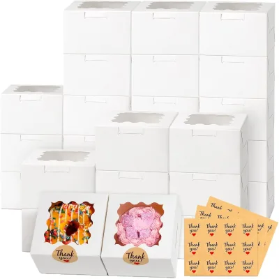 White Cookie Boxes 4x4x2.5 Inches Window Small Bakery Boxes 36pcs Stickers Reusable Self-Erecting Mailer Paper