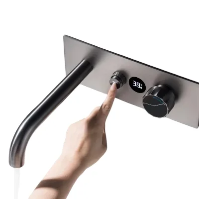 Superhome Luxury New Single Hole Contemporary Brass Wall-Mounted Concealed Smart Digital Display Thermostatic Gun Grey Basin