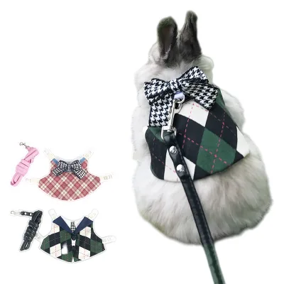 Plaid Cute Bow Tie Princess Rabbit Pet Outfits Clothes Harness Leash Set with Ring for Rabbit