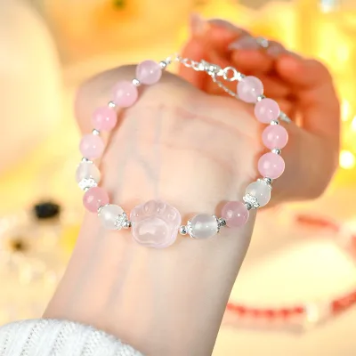 Wholesale natural crystal rose quartz carved cat claw cartoon bracelet