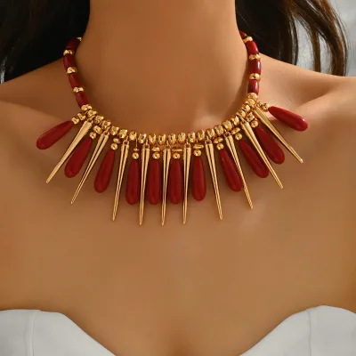 Punk Rivet Exaggerated Tassel Necklace Pendant, Red Water Droplet Acrylic Bead Necklace