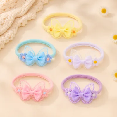 Wholesale 5Pcs Butterfly Baby Headbands Lace Wings Grosgrain Bow Flower Newborn Infant Girls Elastic Crown Hairband