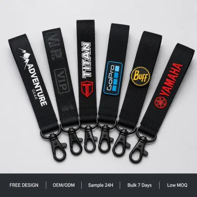 Custom Logo Lanyard Woven Embroidered Short Keychain Motorcycle Wrist Lanyards With Logo Custom Hook