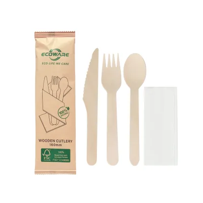 Hot Sale Biodegradable Disposable Wooden Cutlery 16cm Knife Spoon Fork Set Brown Paper Bag Napkin