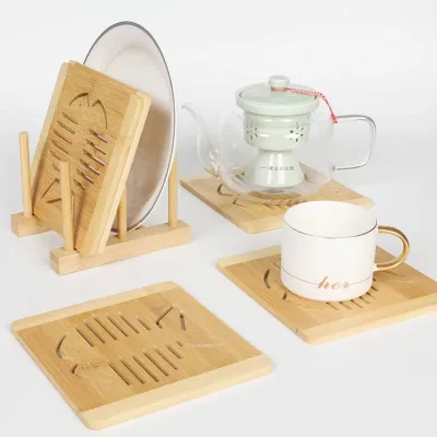 Engraved Bamboo Simple Table Insulation Mat Hollow Placemat and Coaster for Home and Restaurant for Casserole Bowl Tray
