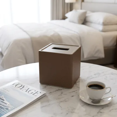 EASTON Hotel PU Leather Napkin Holder Square Design Custom Logo Fall Leaf Brown Tissue Box Cover for Table