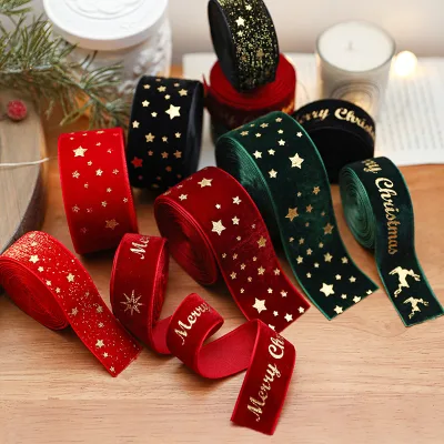 Christmas Fabric Ribbon Velvet Gold Foil Bow Print Satin Ribbon Christmas Tree Decorations Scene Setting Decorations Tinsel