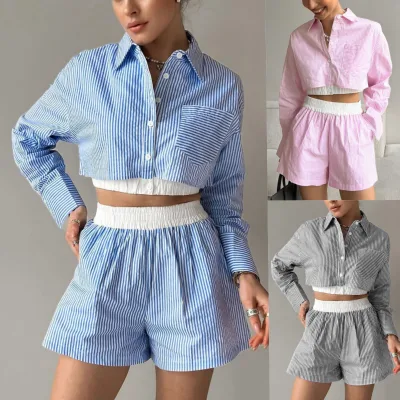 Chic Design Summer Casual Strip Print Shirt Suit 2 Piece Women Short Set With Long Sleeve Crop Top Shirt Blouse