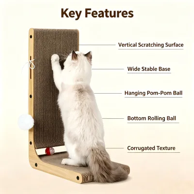 Vertical L Shape Eco-Friendly Cat Scratching Pad Durable Corrugated Cardboard Scratcher Simple Design Hanging Pom-Pom Cat