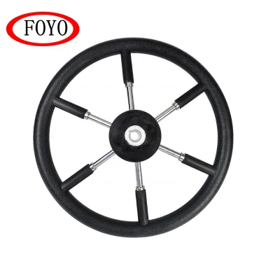 FOYO Brand 550mm SS304 Marine Steering Wheel 6-Spoke Wheel with Black Polyurethane Rim and Grip Adapt to 2 Different Shaft Cones