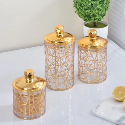 In Stock Wholesale Arabia Gold Storage Jar with Lid Arabic Design Clear Canister for Bedroom Shelf Decor