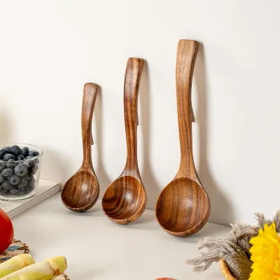 Solid Acacia Wooden Hooked Soup Spoon Non-Slip Pot Rest Ladle with Hooked Rustic Kitchen Cooking Utensil for Soup Serving