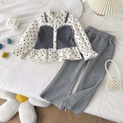 6767 New Stylish Fashionable Spring Autumn Outfit Polka Dot Long-sleeve Princess Style Children's Shirt + Bell-bottom Pants Set