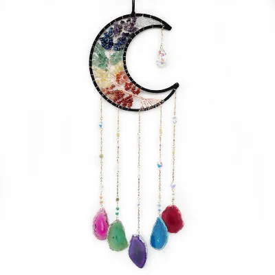 Iron Ring Agate Crystal Eco-Friendly Moon Shape Sun Catcher Pendant Rainbow Dream Catcher Animal Engraving for Children Balcony