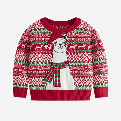2024 Autumn and Winter New European and American Fashion Kid's Sweater Cute Christmas Alpaca Pattern Baby Knitted Sweater