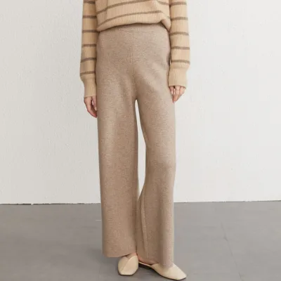 Wholesale Streetwear Breathable Stretchy Autumn High Waist Loose Wide Leg Full Length 100% Cashmere Knitted Trousers Women