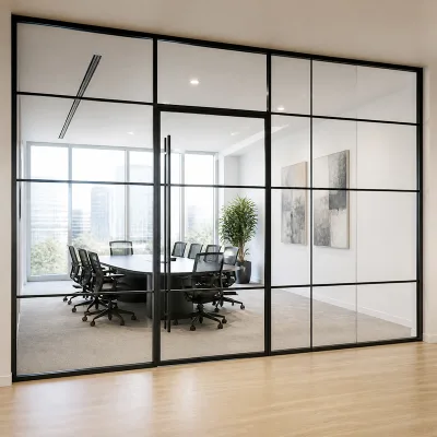 Petit Grid French Glass Wall Partition System Custom Size Powder Coated Frame Double Glazing Acoustic Interior Divider Office
