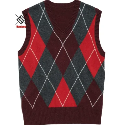 Wholesale OEM Design Custom Argyle V Neck Sweater Knitted Vest Men