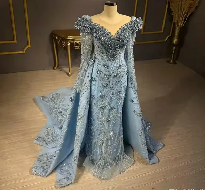 Luxury Blue Long Sleeves Evening Dresses with Detachable Train Customized Crystals Beaded Formal Wedding Reception Prom Gowns