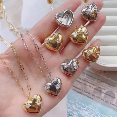 Beautiful Brass Plated Peach Heart Design Inlaid CZ Zircon Pendant Charm Necklace DIY