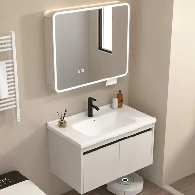 High-end Quality Ceramic Wash Bin Modern Simple Aluminum Wall Mounted Bathroom Cabinet LED Smart Vanity