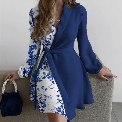 Hot Sale Spring Autumn Women Print Spliced Casual Dresses Fashion Long Sleeve Office Dress Work Formal Dress
