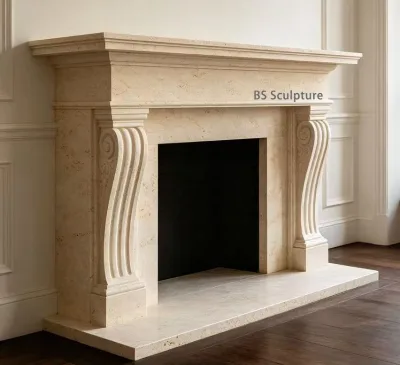 Hand Carved Travertine Fireplace Surround French Style Natural Stone Leaf Carved Fireplace Mantel for Indoor Decor