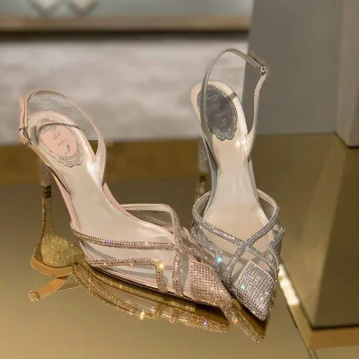2024 New Arrival Transparent Rhinestone Wrapped Toe Pointed Toe Sandals Ankle-strap  Crystal High Heels Women Shoes