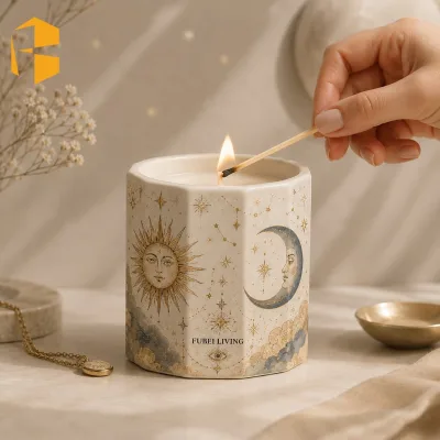FUBEI Sun Moon Star Home Fragrance Luxury Decal Design Scented Candle Soy Wax Blend Ceramic Jar Gift Candle for Home Decor