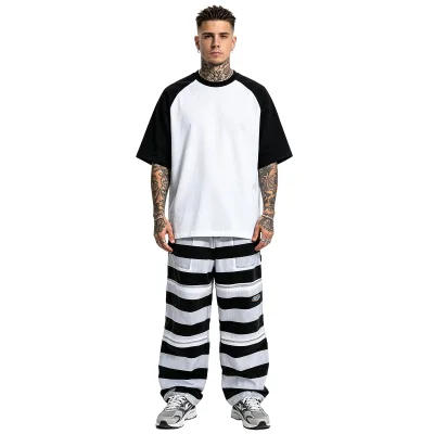 Black White Stripe Print Baggy Cargo Pants Y2K Hiking Running Men's Pants Women Casual Track
