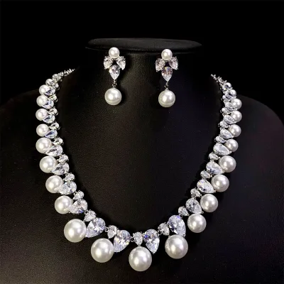 Luxury Trendy Wedding Jewelry Set Copper Alloy Water Drop Zircon Pearl Earrings Necklace for Brides
