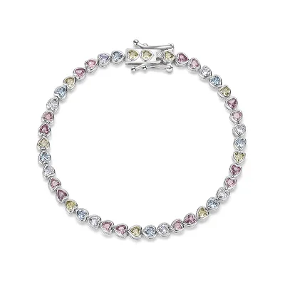 Luxury Rainbow Color Heart Cubic Zirconia 925 Sterling Silver Tennis Bracelet