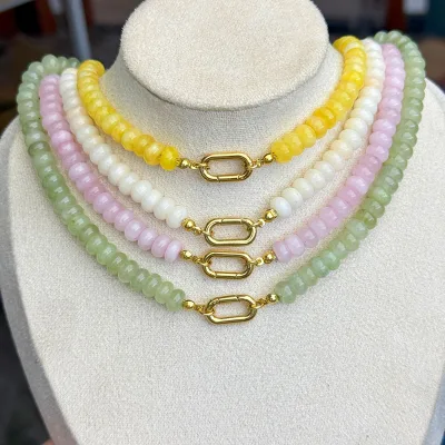 Stainless Steel Candy Color Natural Stone Flat Disc Bead Necklace Detachable Paperclip Link Clasp for DIY Pendant Ladies Daily