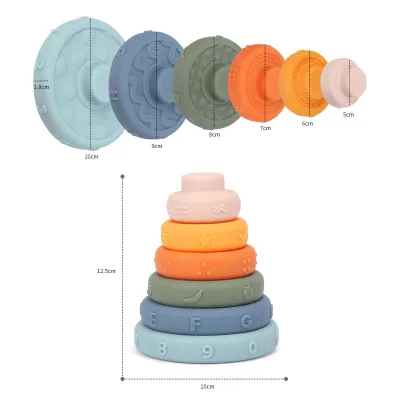 Bpa Free Soft Ring Infant Teether Montessori Sensory Toy Rainbow Colorful Tower Baby Silicone Toys Stacking Building Block