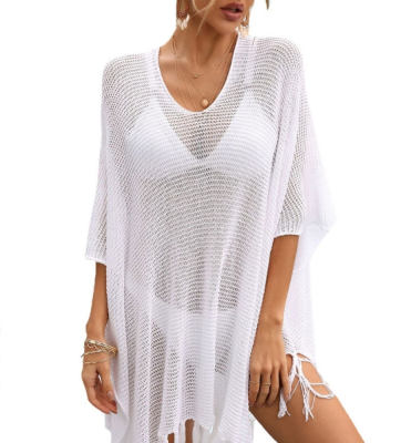 _ Summer Crochet Hollow Out Fringe Batwing Sleeve Beach Cover up Beach Dress Solid Beachwear