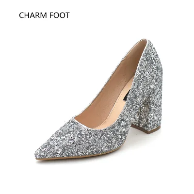 Thick Heeled High-heeled Shoes Bride's Wedding Sequin Crystal Wedding Dress Single Shoes Not Returned
