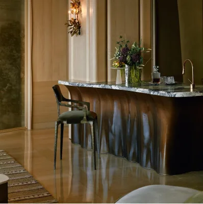 Modern Natural Black White Marble Kitchen Island With Wave Metal Base For High-End Bar Area