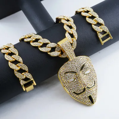 Unisex Punk Three-Dimensional Portrait Face Crystal Pendant Necklace Zinc Alloy Silver/Gold Plated Link Chain Cool Fashion