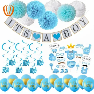 52pcs Baby Shower Decorations for Boy Includes Matching Its a Boy Banner Balloons Cute Photo Booth Props Blue White Flower Dec