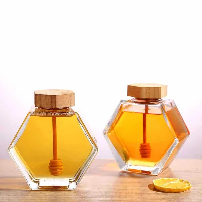 High Quality Hexagon Shape Honey Pot Jar with Wooden Dipper and Cork Lid Cover for Home Kitchen
