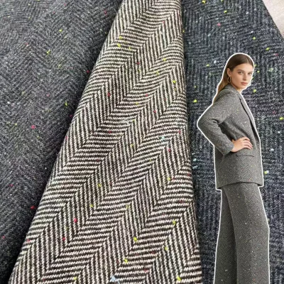 420gsm 50%wool 50% Chemical Fiber Herrybone Check Coat Retro Fabric Woolen Tweed Fabric for Men's and Women's Suit Coats &Hats