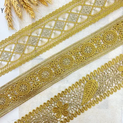 Gold Embroidery Flower Lace Trim Knitting Wedding DIY Handmade Classic Style Patchwork Ribbon Sewing Supplies Craft Eco-Friendly