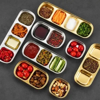 Custom Korean Sauce Dish Eco-Friendly 304 Stainless Steel Gold/Silver Rectangle Dishes with Engraving Technique for Parties