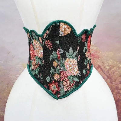 230-22cm Black-Background Large Floral Jacquard Wavy Green-Trimmed Polyester (Terylene) 4-Button Closure Waist Cincher